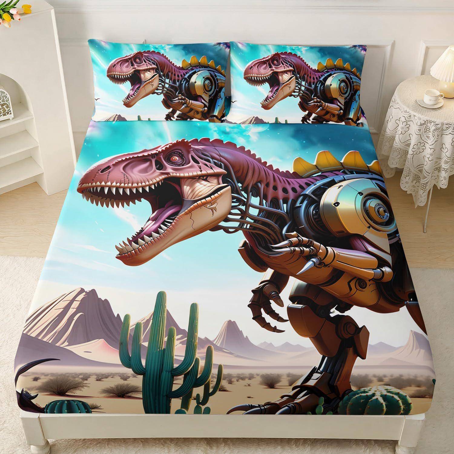 Sött dinosaurielakan enkelstorlek, Dinosauriesängöverkast med örngott, Tecknad djurbäddset 2 st för barn pojkar tonåringar 90x200cm