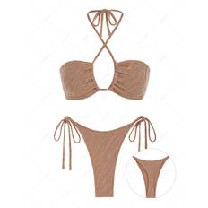 ZAFUL Damen-Bikini-Set, Sexy, Einfarbig, Strukturiert, Überkreuzt, Neckholder, Seitlich Gebunden, Tanga, String-Bikini-Set, Passende Zweiteilige Badebekleidung Set