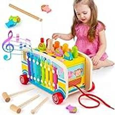 Sundaymot Montessori-leksak från 1 år, 4-i-1 hammarspel, leksakslåda, motorikleksak av trä, barnleksak från 1, 2, 3, 4 år, födelsedagspresent för flickor, buss-version