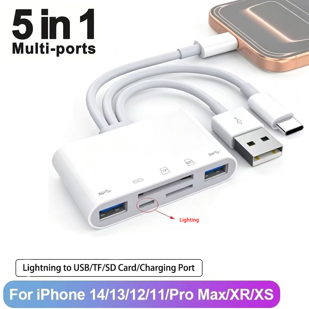 5-in-1 USB OTG Adapter with MicroSD And SD Card Reader Slots Compatible with iPhone iPad USB-C And USB-A Devices SD/SDHC/SDXC/MM