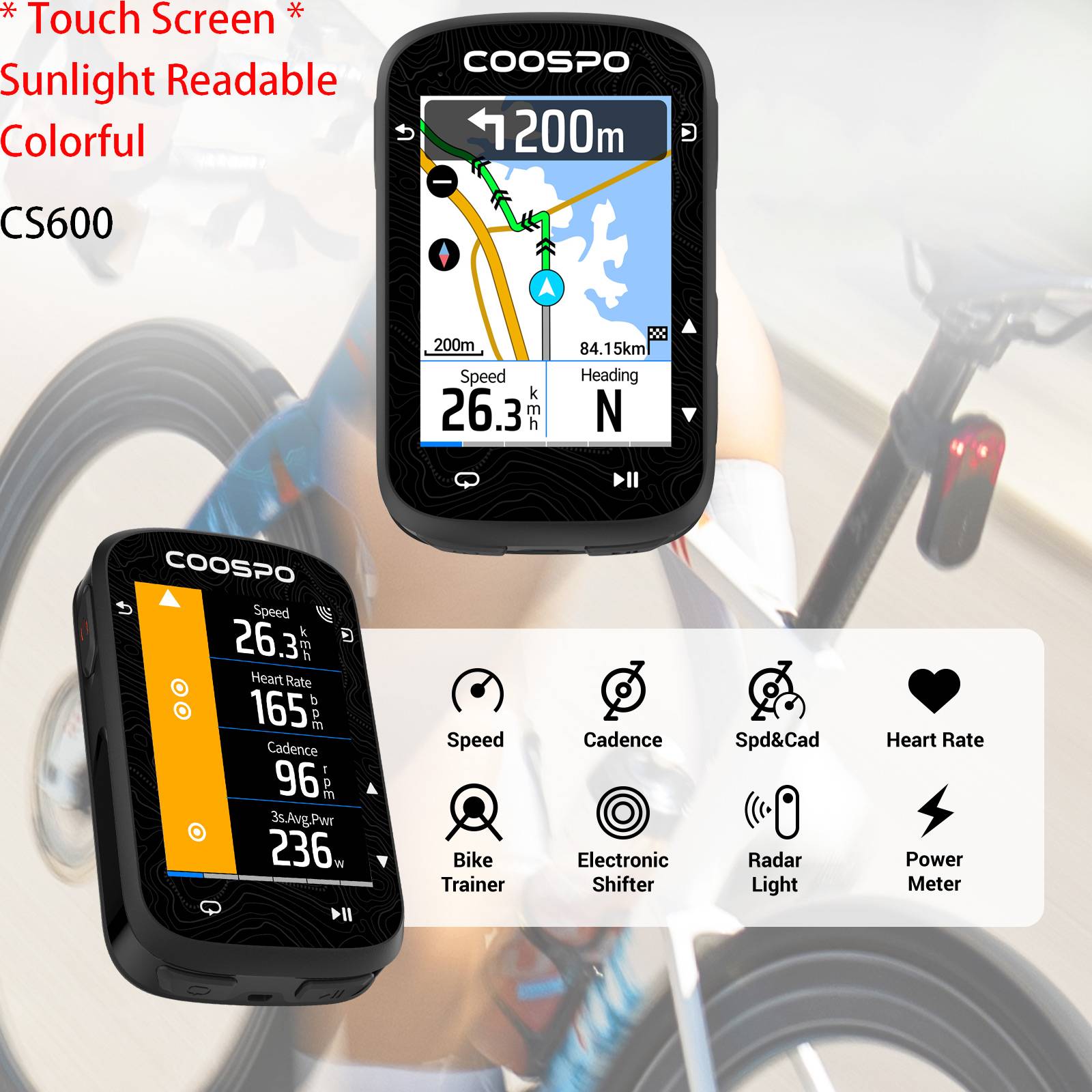 COOSPO CS600 2.4in Touch-Screen Bike Computer with Case GPS Map Navigation Wireless Stopwatch Cycling Computer BLT & ANT+