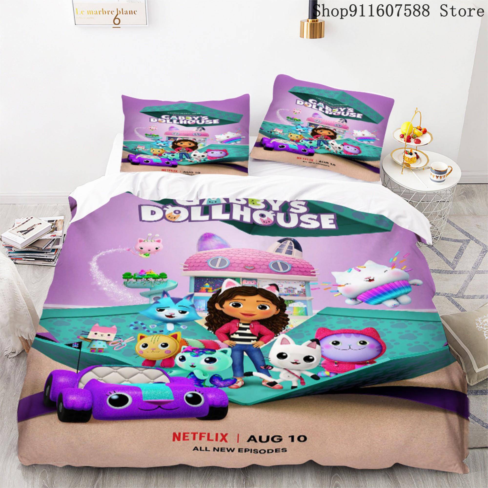 Gabbys dockhus Sängklädesset Kawaii Sänglinneset Enkel Dubbel Storlek Heminredning För Flickor Barn Tecknad Söt Katt Påslakanset AU Double180x210cm