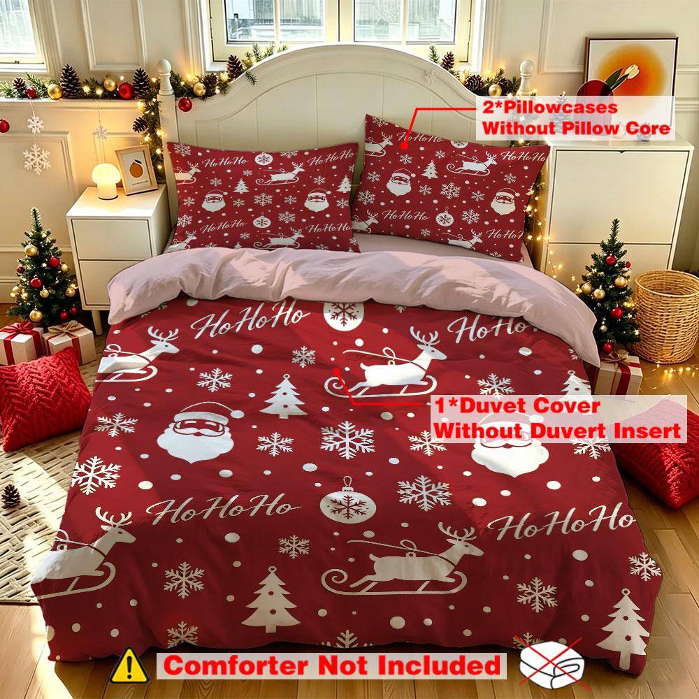3PCS Duvet Cover Set Christmas Santa Claus Reindeer Snowflake Red Xmas Bedding Set Holiday Bedroom Decor