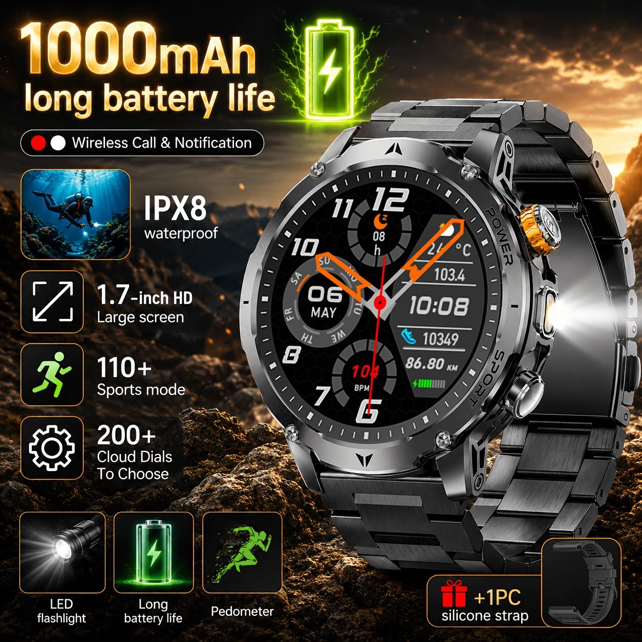 Lige Smart Watch For Men, 1.7-inch Hd Screen, Smartwatch With 1000mah Battery, Led Flashlight, Wireless Call, 100 , Ipx8, Activity , , Music&camera Control, Smart Watch For Iphone And