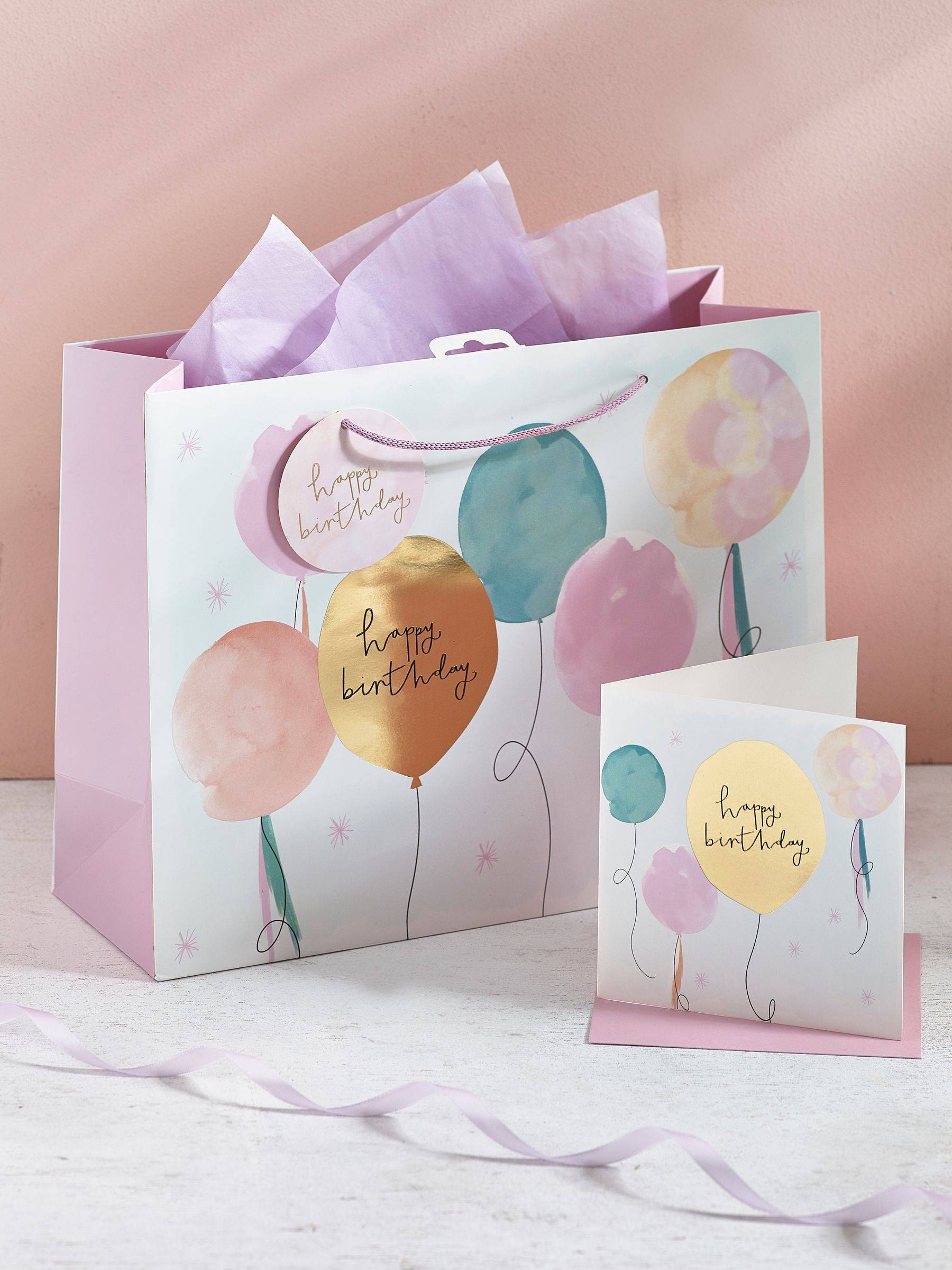 Next Pink Pastel Balloon Gift Bag and Card Set