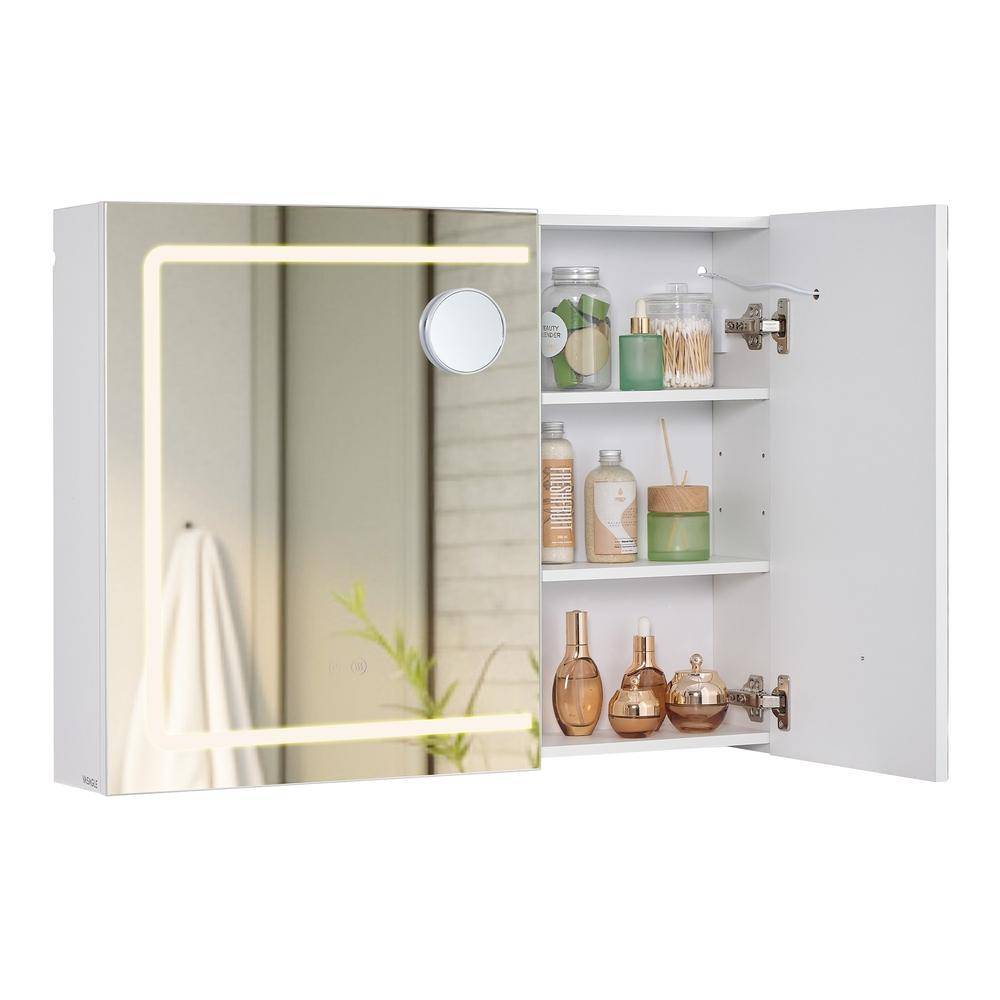 Spejlskab med LED-lys, stikkontakter, antidug og 10× forstørrelsesspejl - 16,5 × 80 × 60 cm, hvid