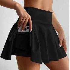 Damer i enfärgad anti-exponering Sport Yoga Tennis Golf Midja High Beach Pocket Skort - Svart - L,M,S,XS