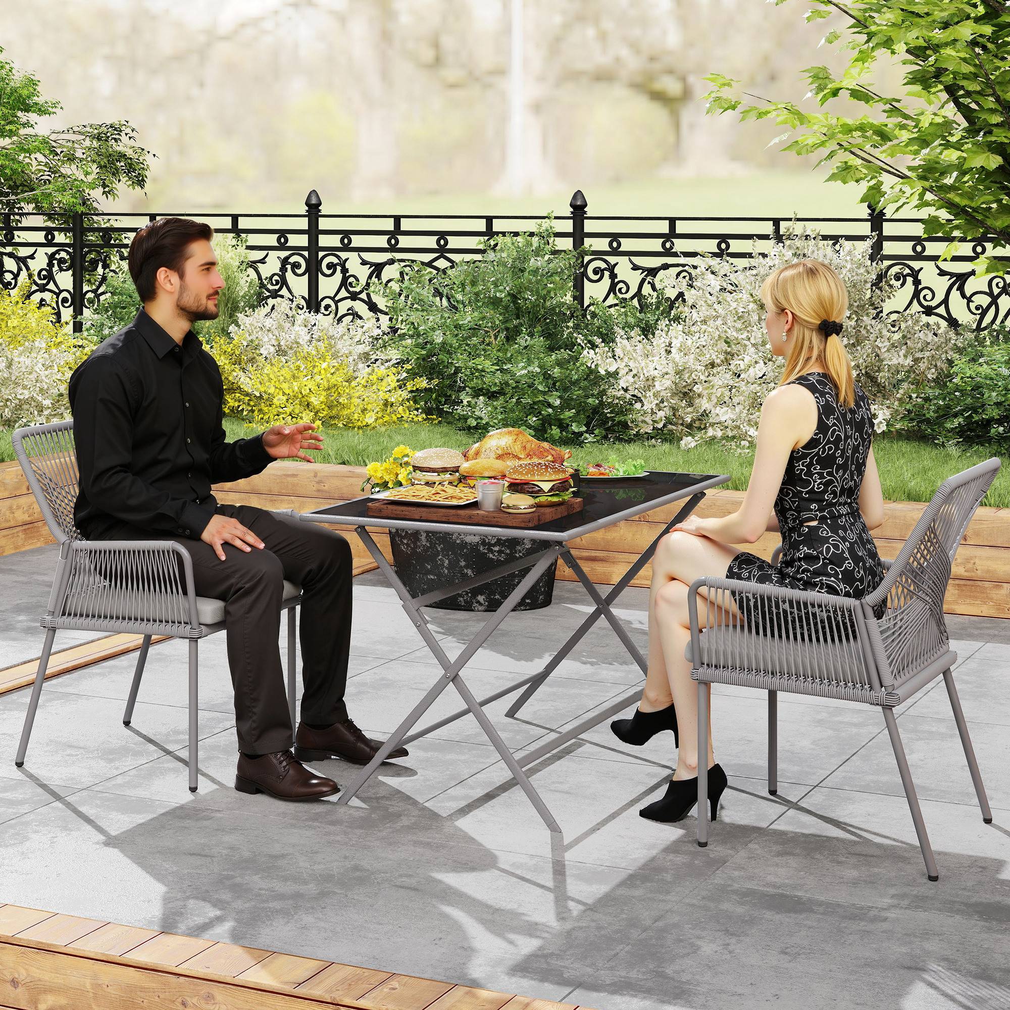 Sæt med 2 havestole, terrassestole, vaskbare hynder, ryglæn, armlæn, stål, rattan, mørkegrå.