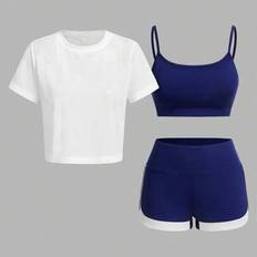 Kvinnor Enkel rundhalsad kortärmad T-shirt, camisole-topp och shorts 3-delad Casual Sports Gymsuit träningsset - Blå (L,M,S,XL)