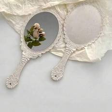 1 st - Vintage handhållen sminkspegel - Blommatad sminkspegel med plätering, handhållen resespegel med europeiskt vintagemönster för handväska och byr - Vitt