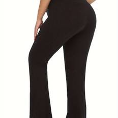 TEMU Plus Size Sports Pants, Women's Plus Solid Wide Waistband Flared Leg High Trousers