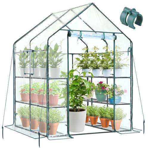 Ohuhu Växthus med hyllor för utomhusbruk, promenad i växthus plast växthus med 12 hyllor, slitstark växthus med markpinnar och rep för stabilitet 145 x 145 x 195 cm transparent