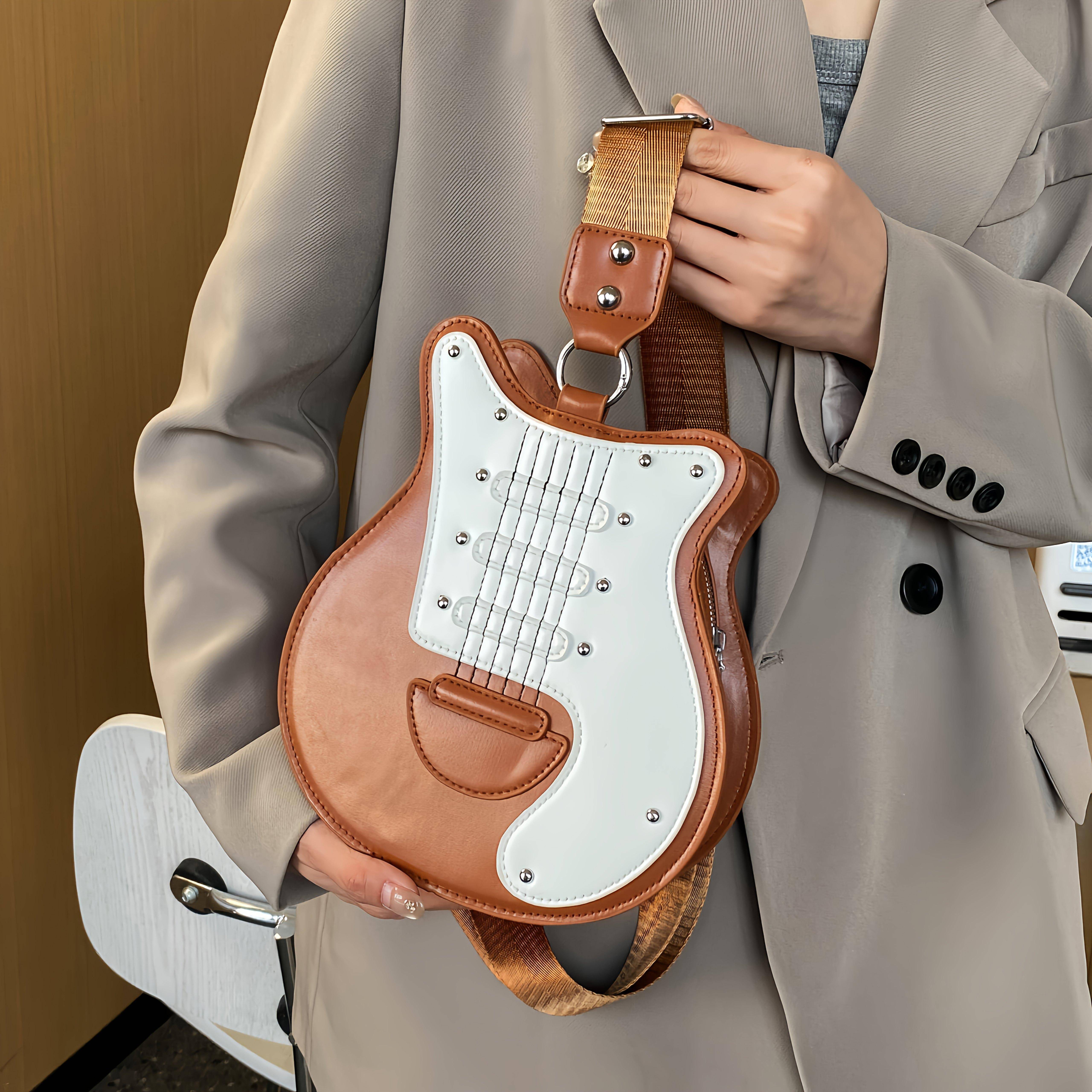 Cool Style Guitar-Shaped Crossbody Bag, Fashionable Outdoor Work Commute Travel Bag Perfect for Music Lovers, Women's Vintage Style Guitar Bag brun