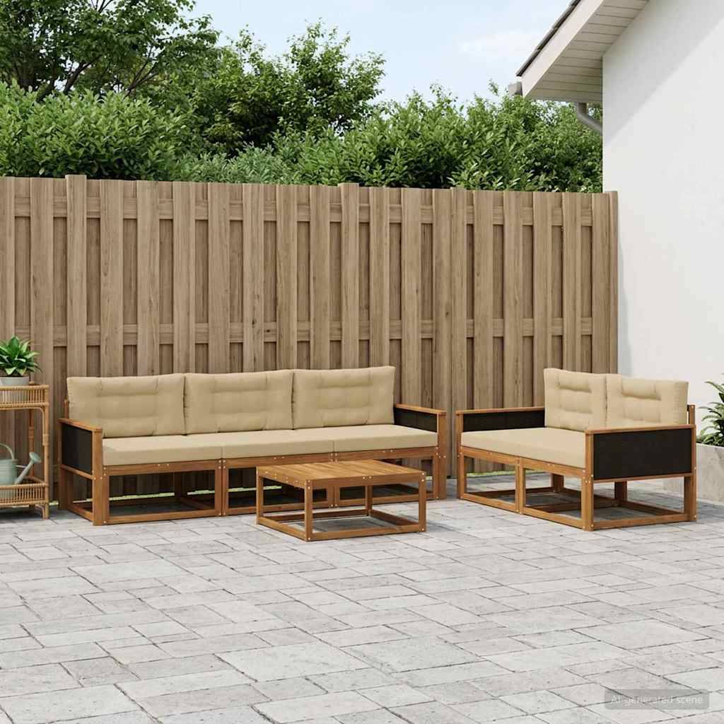 Udendørs Sofagruppe 6 Dele Massivt Akacietræ - Naturlig og beige / Sort rattan