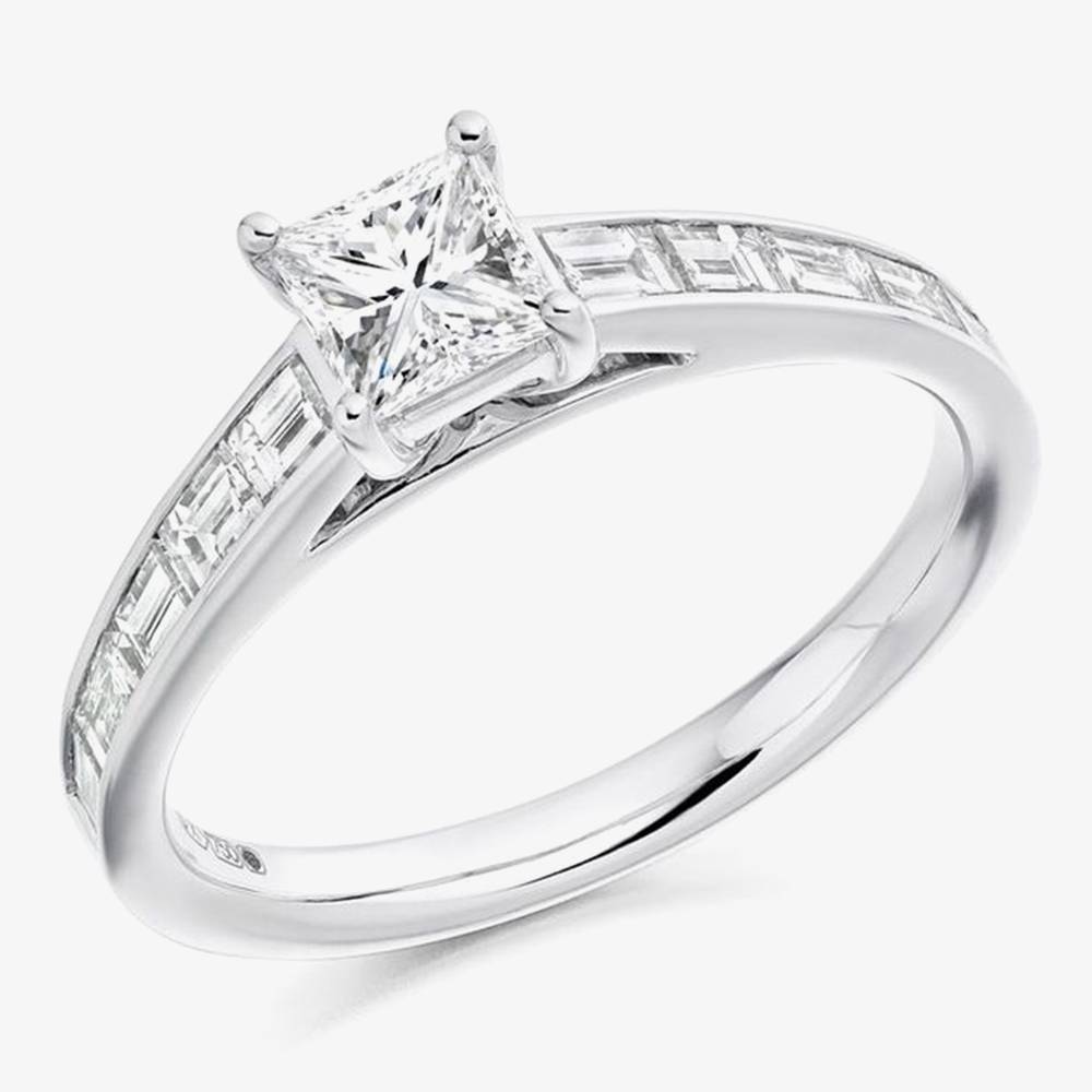 Platinum Princess-Cut Diamond-Shoulder Engagement Ring (M) ENG3342 - Silver