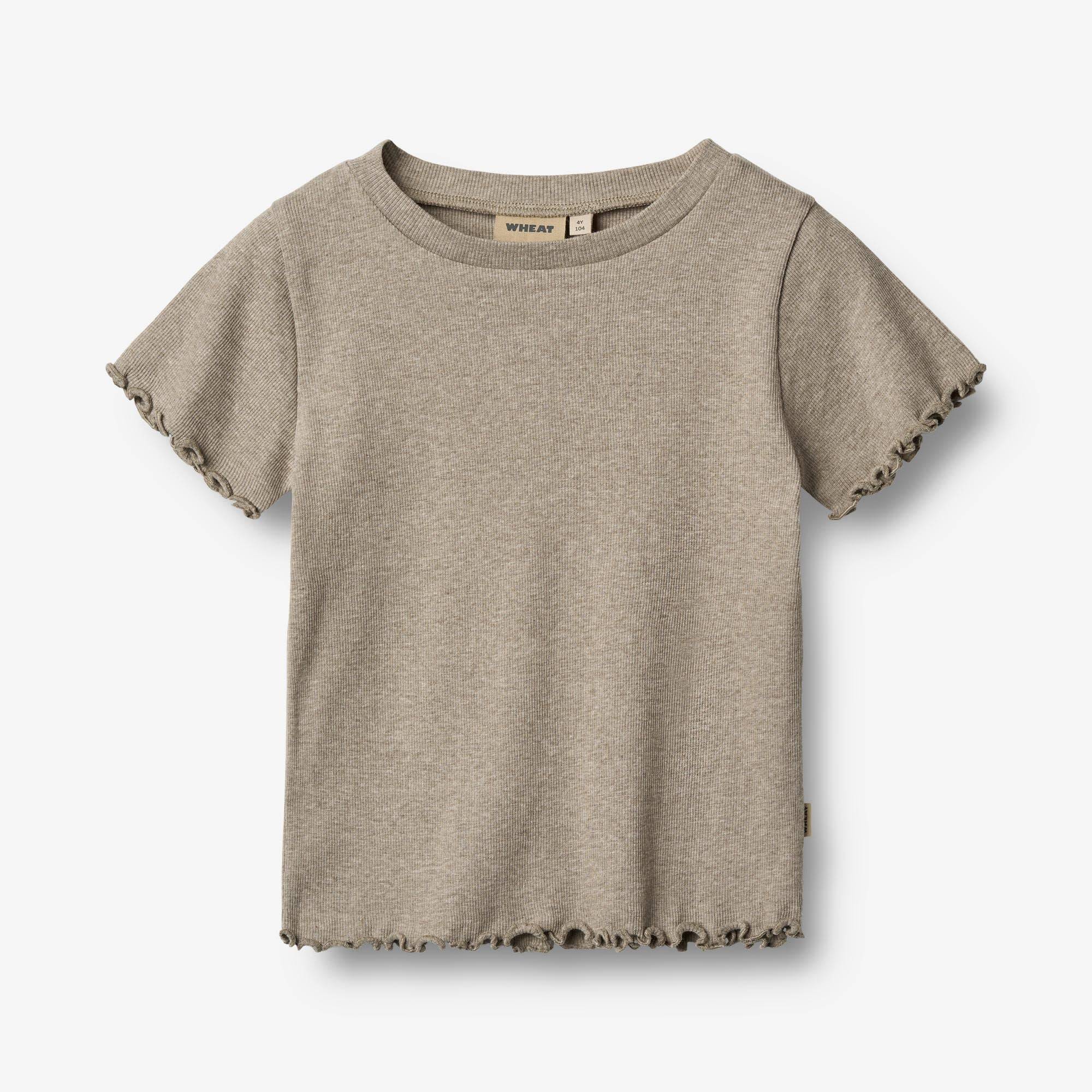 WHEAT® - Kortærmet Rib T-shirt Alicia - gravel melange - Str 147/11 år.