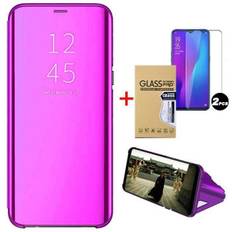 Étui Housse Samsung Galaxy S21 Plus (5G)+ Verre Trempé, Clear View Housse à Rabat Miroir Rigide Antichoc avec Support, Pourpre