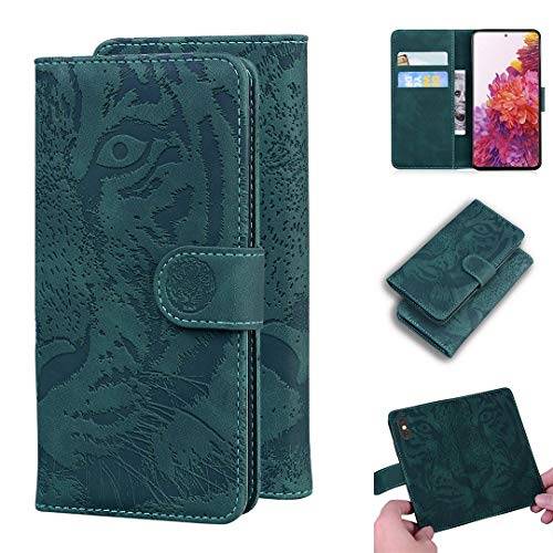 Samsung Galaxy S20 FE fodral, Saturcase cool tiger prägling PU-läder flip dubbel magnet plånbok stativ kortplatser skyddande fodral fodral för Samsung Galaxy S20 FE (grön)
