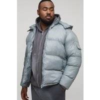 Mens Plus High Shine Regular Fit Hooded Puffer in Grey
