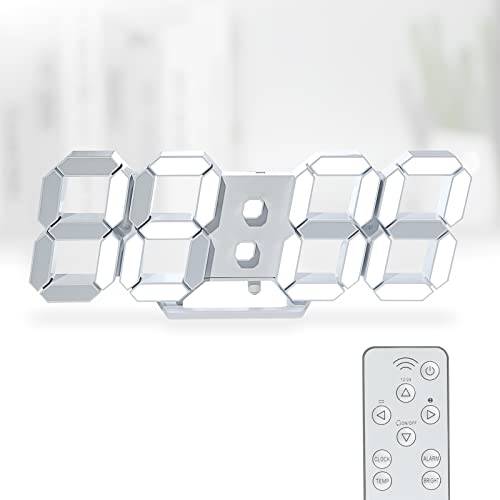 KOSUMOSU 24.7cm 3D Digital LED Wall Clock, Table Clock, Large Screen, Digital Wall Clock, Desk Clock with Remote Control, 12/24H Temperature (White, Light)