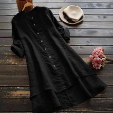 Women's Spring Solid Cotton Linen Shirt Dress Ladies Loose Shirt Long Tops Blouse Plus Size Clothes Clothing S svart
