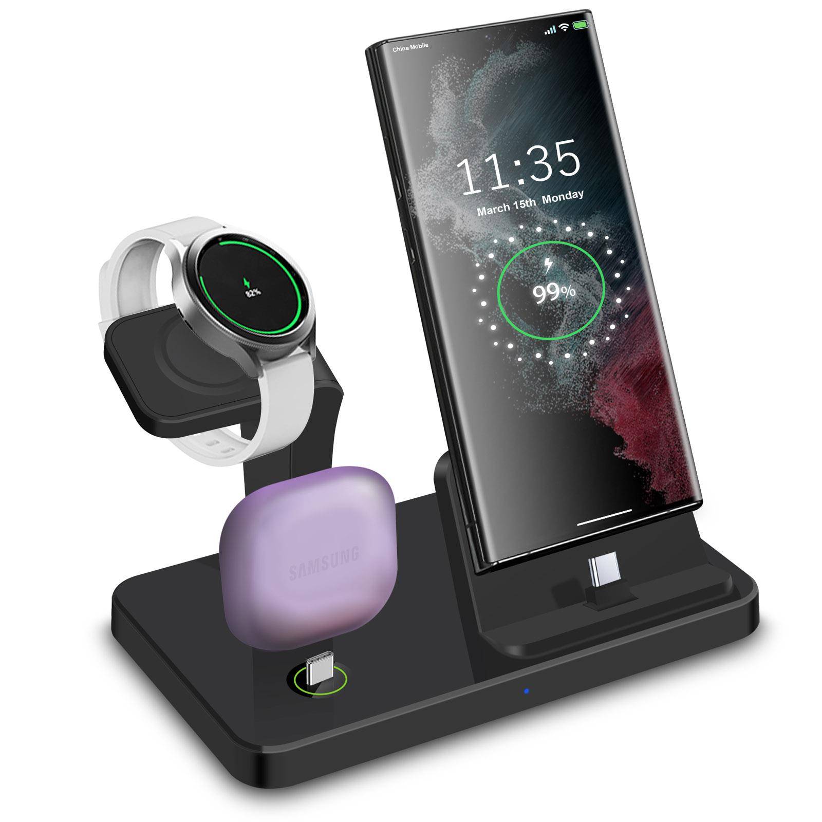 Laddstation för Samsung S23 Ultra S22 S21 Note20 10 Z Flip Fold 3 In 1 Snabb trådlös laddare för Galaxy Watch 5 Pro 4 Buds as picture svart