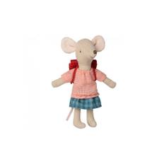 Maileg - Cykel Mus - Storesøster Med Taske - Bamse - Rød taske - H:13 cm
