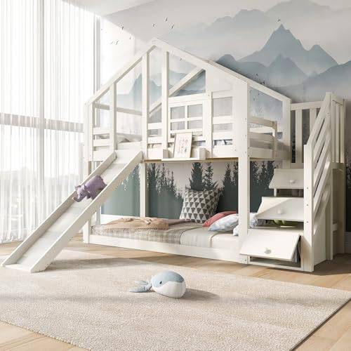 LATICO Kinderbett Etagenbett 90x200 cm für 2 Kinder, Hausbett Hochbett mit Rutsche & Treppe Staufach Stauraum, Holzbett Bettgestell mit Rausfallschutz und Lattenrost, Fenster, Ohne Matratze, Weiß