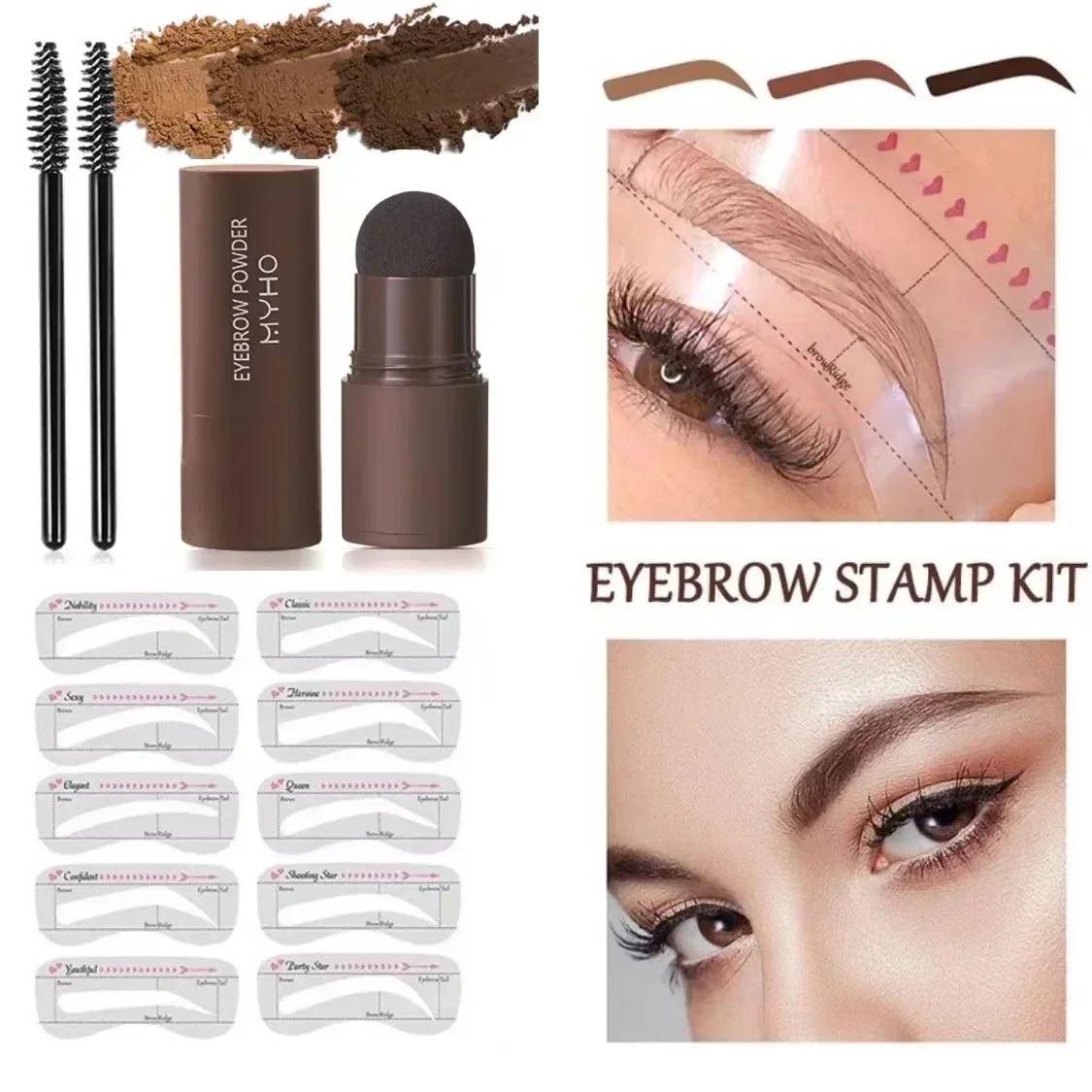 Komplett professionell Eyebrow Powder Stamp Shaping Kit makeup borstar ögonbryn måla ögonbrynspenna Ögonbryn Stencil ljusbrun färg
