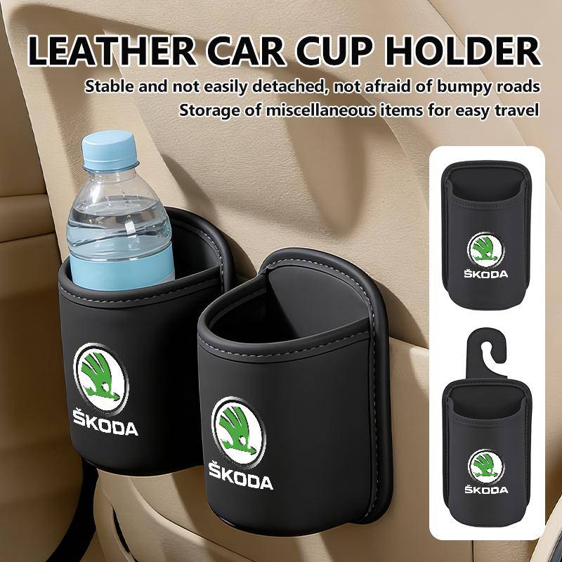 För Skoda Läder Bil Vattenkoppshållare Interiör Dryckeshållare Organizer Tillbehör Fabia 1 2 Octavia a7 RS Superb Rapid Yeti Karoq
