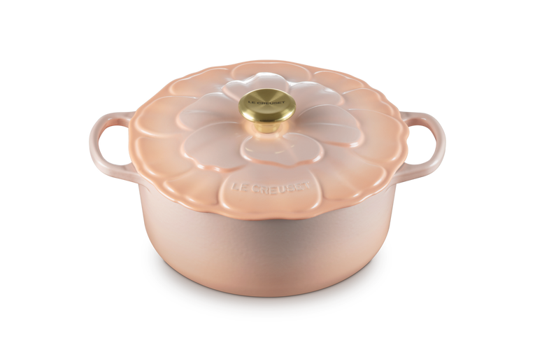 Rund gryde med blomstermotiv støbejern