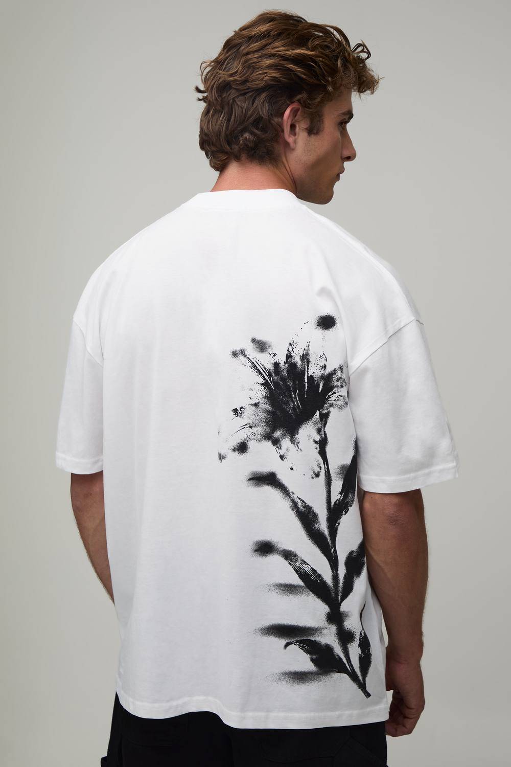 Oversized Man Script Floral Printed T-Shirt | White | Size Medium