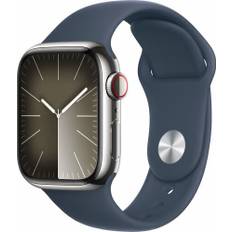 Apple Watch Series 9 Rustfrit stål 41 mm (2023) | GPS + Cellular | sølv | Sportsrem stormblå S/M