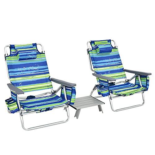 COSTWAY Strandstolar och bordsset, fällbara campingstolar med justerbart ryggstöd, nackstöd, sidofickor, ispåse, armstöd och axelband, vikbara stolar lätta (blå + grön)