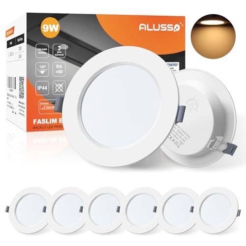 ALUSSO Infälld LED-spot, Badrumsspot IP44, Extra platt 25.5mm, 9W 690Lumen Infälld LED-spot 3000K Varmvit, utklippsfigur 120-130mm, För Kök Vardagsrum Hall Förpackning om 6