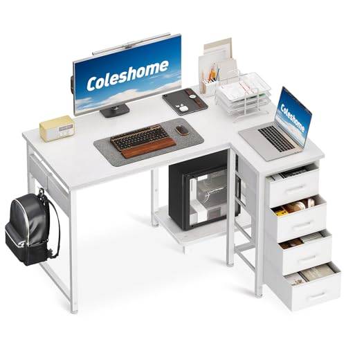Coleshome Kleiner Eckschreibtisch mit 4 Stoff Schubladen, 100×70 cm, Weiß