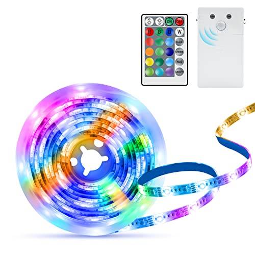 ZAIYW LED Strip Lights med Batteri Rörelsesensor, 60 LED 2M med RGB LED klistermärke och fjärrkontroll och 3000K Varm vit, LED Strip Lights Trappan dekoration, Skåp och säng