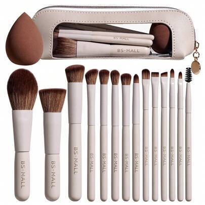 BS-MALL Travel Kit Makeup Brushes Set 14 st små professionella ansiktsmakeupborstar med foundation-svamp och väska - Aprikos