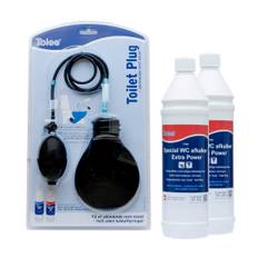 Toiee Toilet Plug og 2 liter Toiee Special WC Afkalker Extra Power. Effektiv kalkjerner. Afkalker toiletkummen enkelt og helt af sig selv. Toiletkummen stilles i blød og kalkbelægningerne opløses - DA/EN/TY