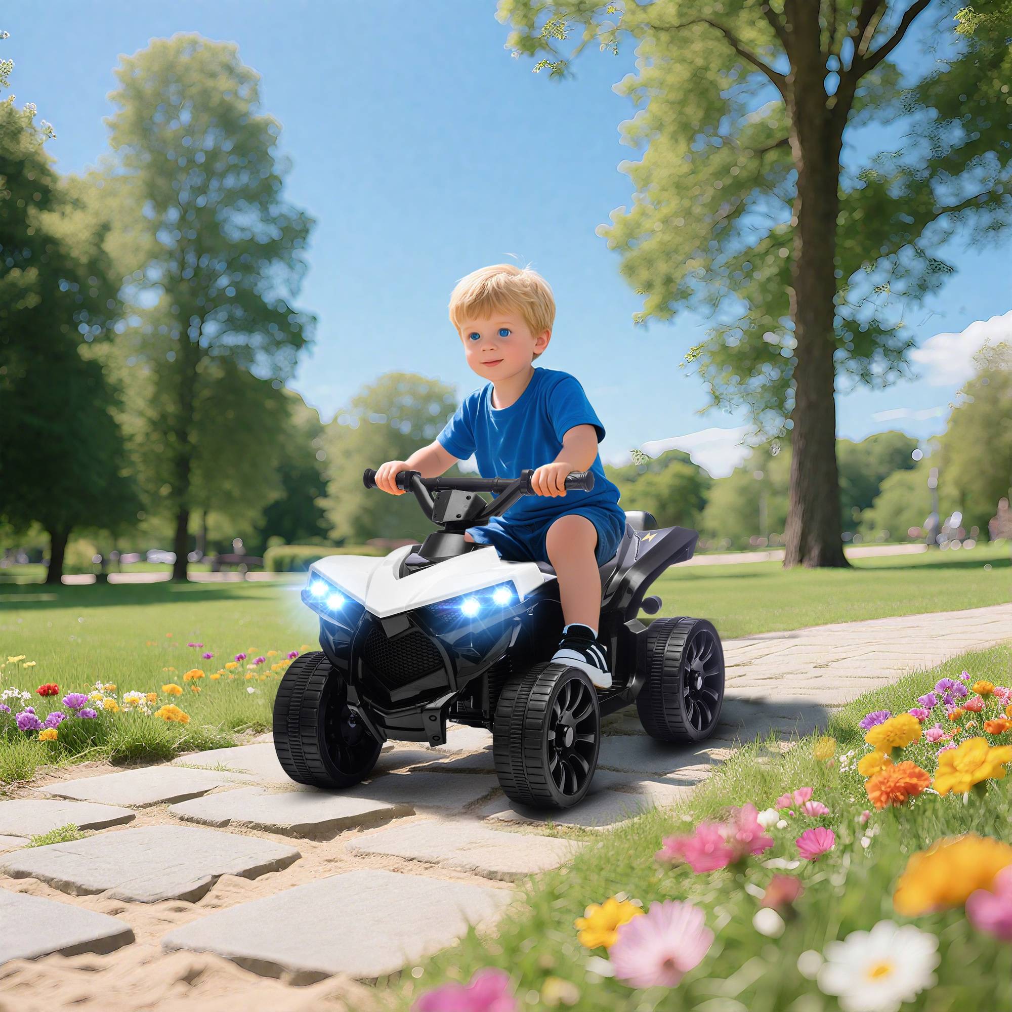 Børne elektrisk ATV 6V med frem- og bakfunktion, musik, LED-forlygter, hvid.