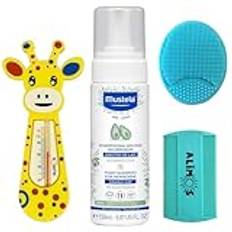 Mustela Cradle Cap Foam Shampoo för nyfödda 150 ml buntad med alimos baby bad silikonborste & fin tandkam och badtermometer