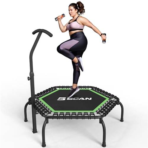 BCAN inomhustrampolin Ø122 cm, tyst fitnesstrampolin för vuxna med justerbart handtag, förinstallerad minitrampolin, 250 kg lastkapacitet - T6