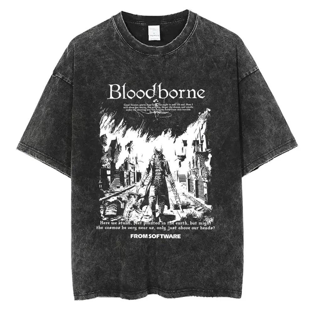 Spel Bloodborne Skräckjägare Tvättad Överdimensionerad Yk T-shirt Unisex Dam Vardaglig Bomull Unisex Retro Streetwear FeUnisex Unisex Kläder cm