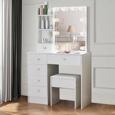 Aovquof Sminkbord med LED-belysning, spegel, justerbar ljusstyrka, sminkbord med stol, vitt toalettbord med 6 lådor och 4 hyllor, modernt sminkbord av trä