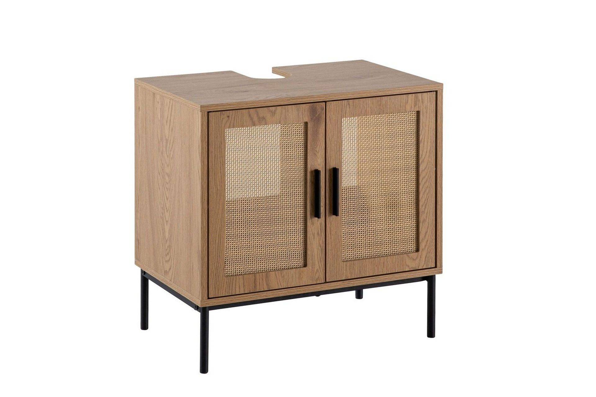 Wohnling Tvättställsskåp Wohnling melaminbelagd MDF, ek-optik, rottingfront, metallben, modern loftstil 2 dörrar - 2 dörrar Badrumsskåp