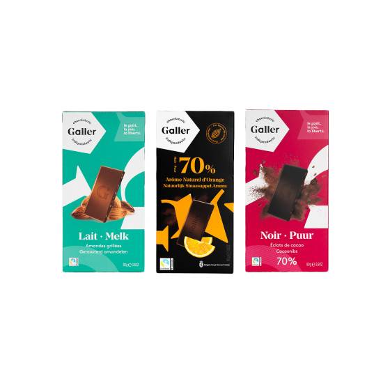 Set of chocolate tablets Galler Dark Cocoa Nibs x Milk Almonds x Dark Orange, 3 x 80 g