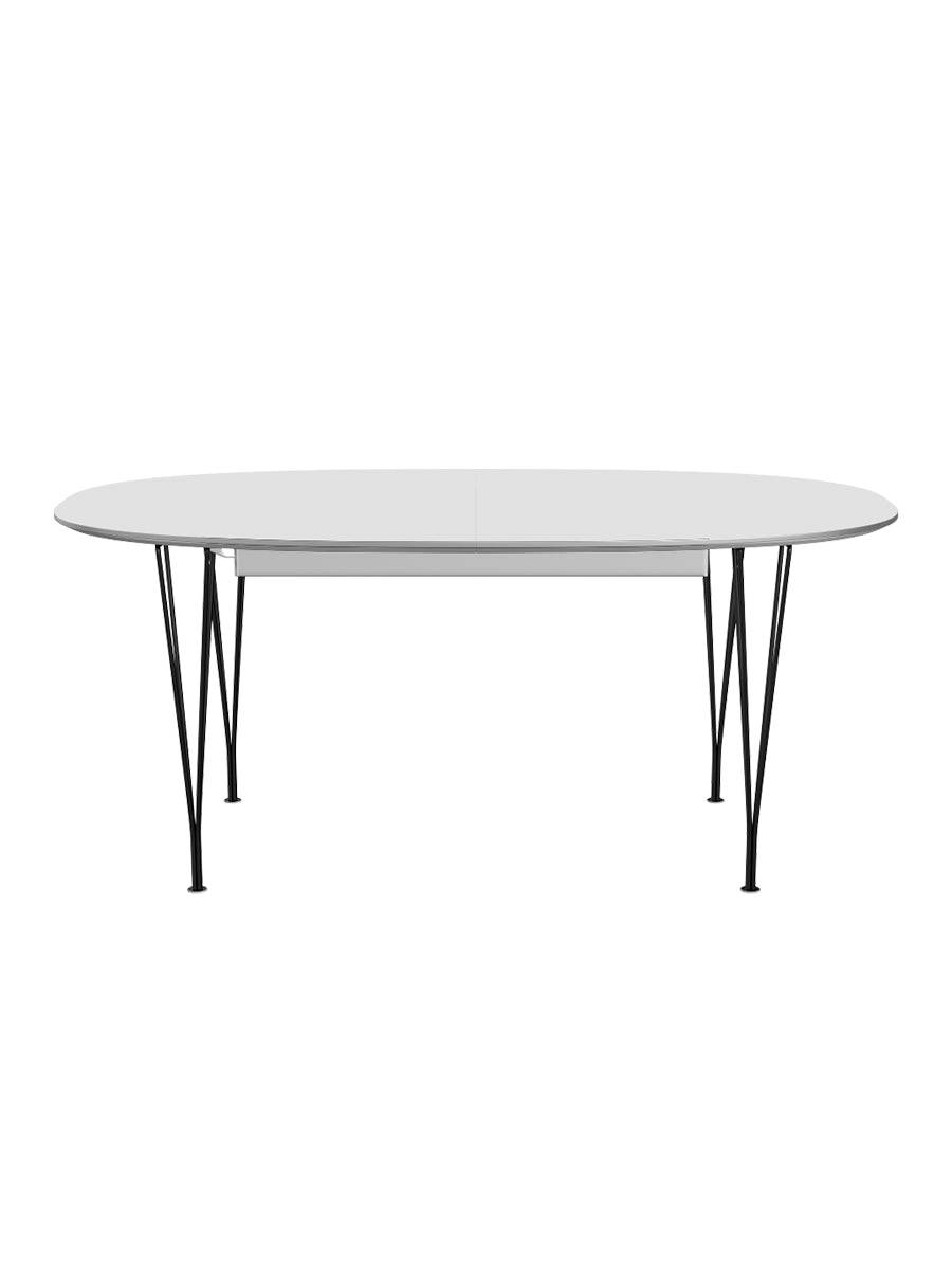 Piet Hein B620 Superellipse udtræksbord, 170/270 x 100 cm fra Fritz Hansen Hvid laminat m. alukant - Sort stel - Jacobsen Plus