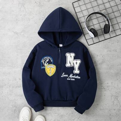 Stor pojke halvzipad hoodie sweatshirt med 3D-broderade bokstavspatchar, långärmad streetwear-topp för höst och vinter, för skolan - Marinblå (8Y,9Y,10Y,11Y,12Y)