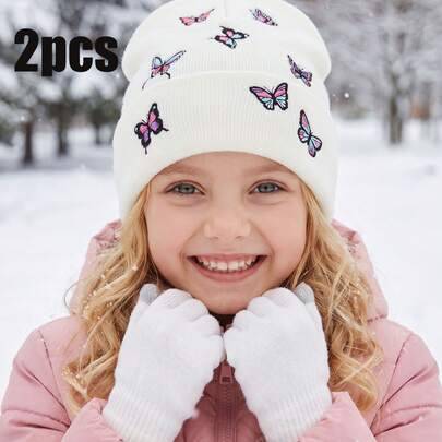 2-delat set för flickor med vit helt broderad fjärilsstickad mössa och handskar, tjock och söt stickad mössa, mjuk vit beanie för höst/vinter - Vitt (5-10 år)