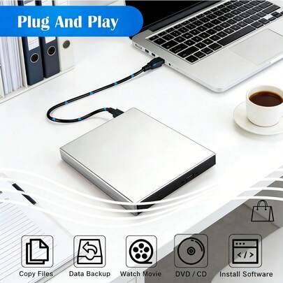 Extern CD DVD-enhet, USB 2.0 ultratunn bärbar CD-/R/W/DVD-R/W-brännare för bärbar och stationär dator (använd enligt instruktionsmanualen) - Silver (USB)